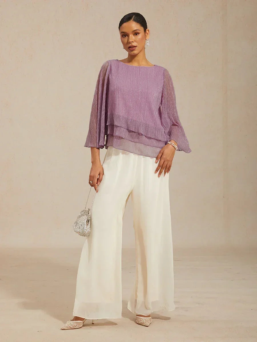 Metallic Pleated Chiffon Asymmetrical Layered Blouse