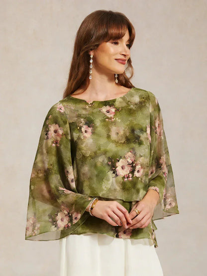 Lace Chiffon Layered Blouse with Floral Print