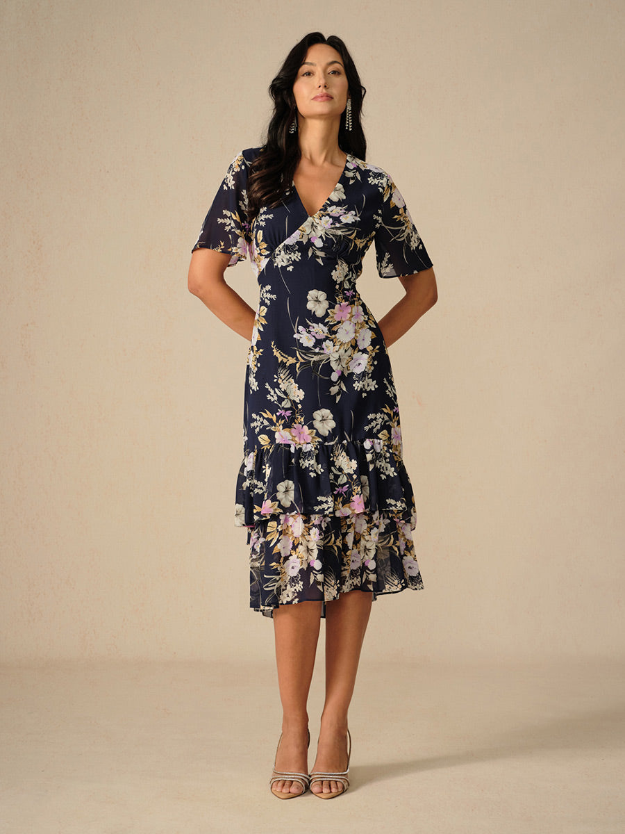 Floral Chiffon V Neck Ruffle Midi Dress