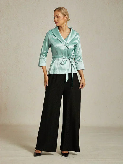 3/4 Sleeve Stretch Taffeta Blouse with Tie Waist Detail
