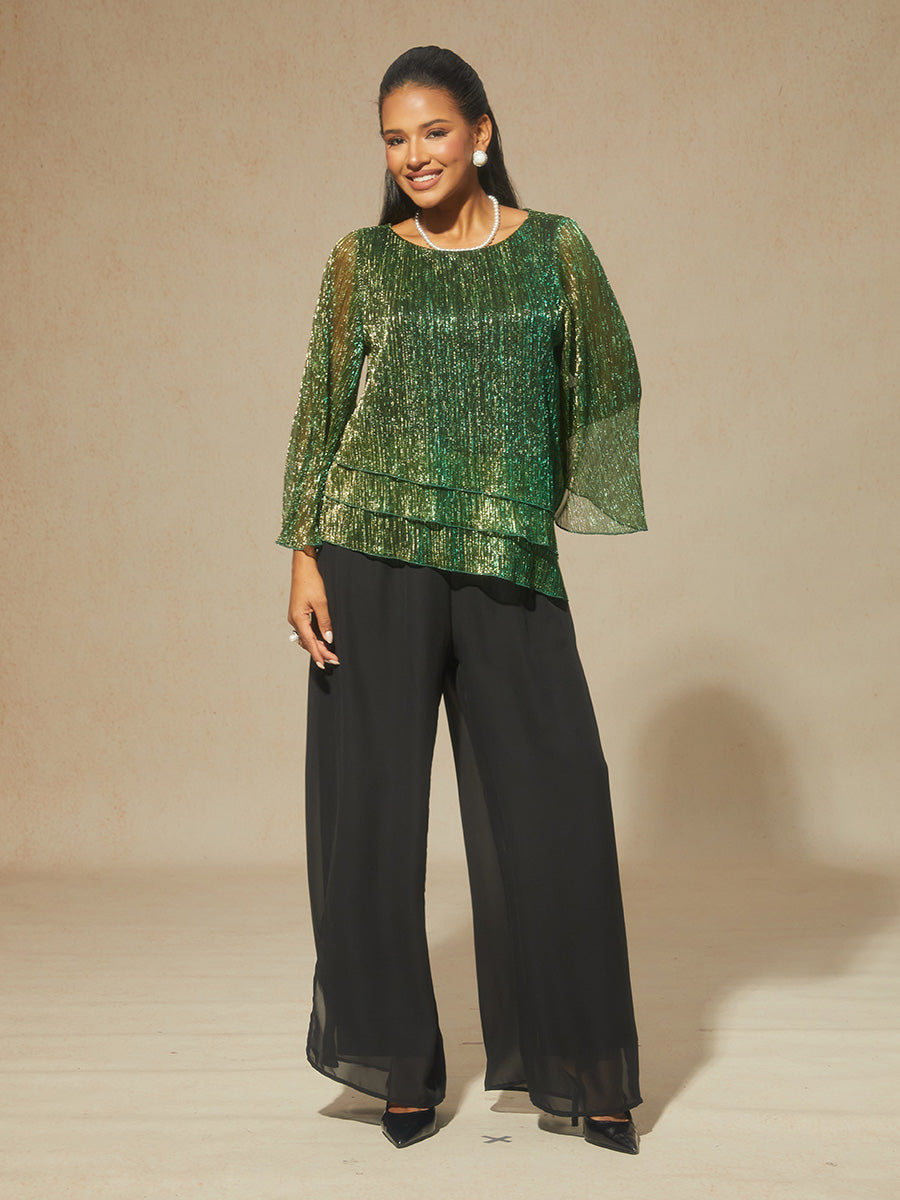 Asymmetrische Lagenbluse aus metallisch schimmerndem, plissiertem Chiffon