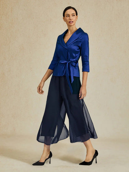 Cropped Length Straight Leg Pant With Chiffon Split Leg Overlay