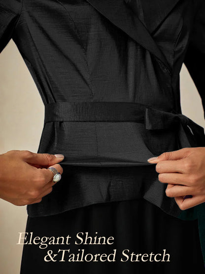 3/4 mouw stretch taffetablouse met ceintuurdetail