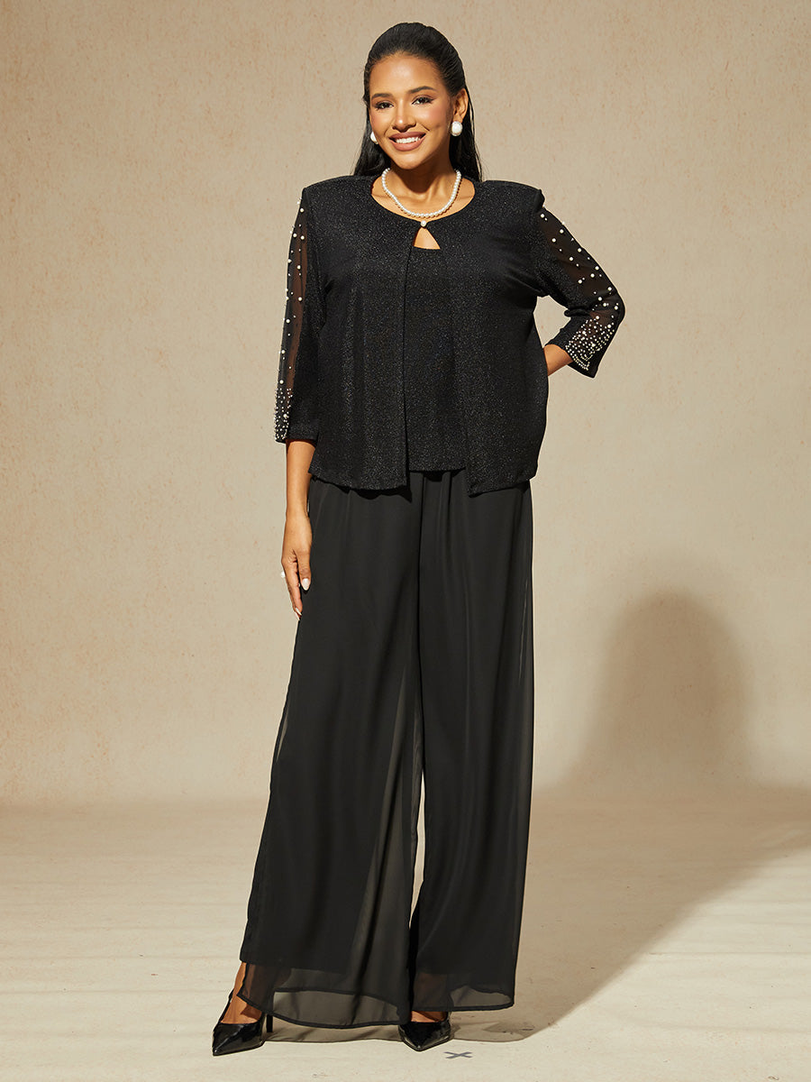 Beaded 3/4 Sleeve Metallic Knit Blouse And Pant Suits