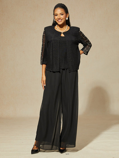 Beaded 3/4 Sleeve Metallic Knit Blouse And Pant Suits