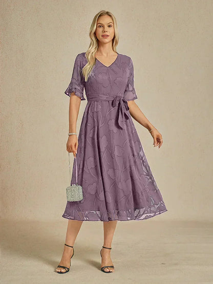 Ruffle Flutter Lace Midi Dress with Pockets