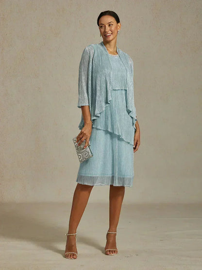 Metallic Pleated Chiffon Long Jacket with Layered Design