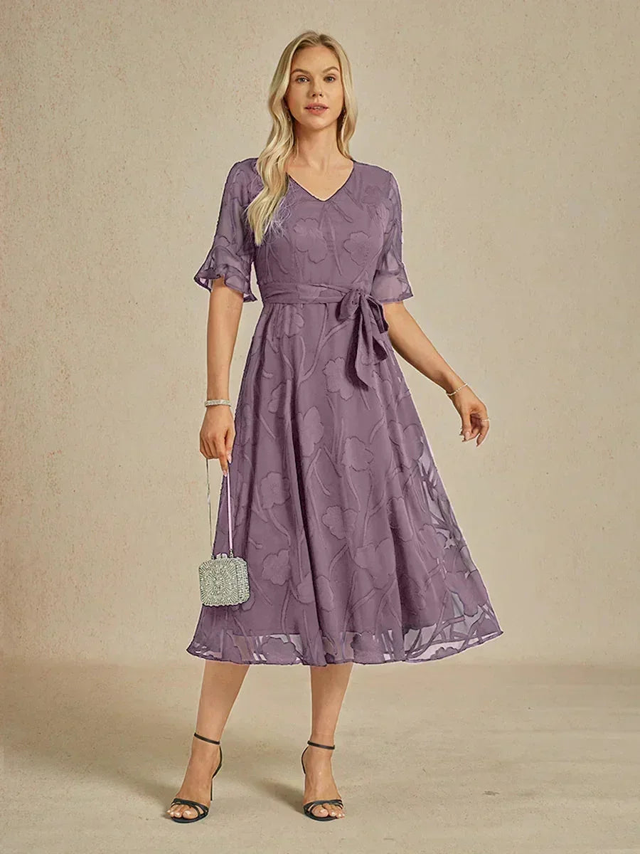 Ruffle Flutter Lace Midi Dress with Pockets