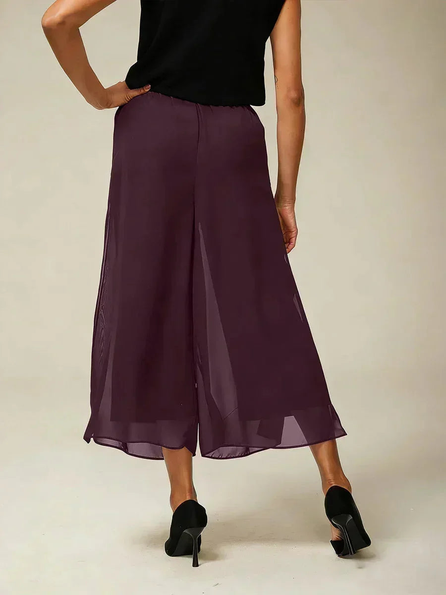 Cropped Length Straight Leg Pant With Chiffon Split Leg Overlay