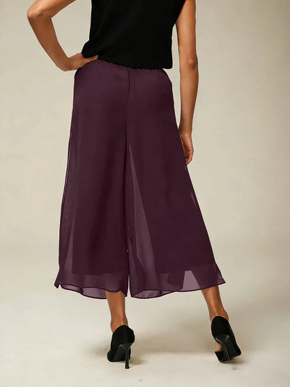 Cropped Length Straight Leg Pant With Chiffon Split Leg Overlay