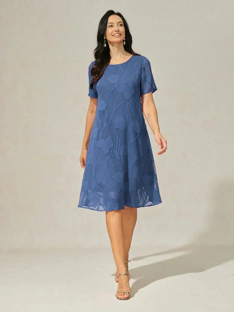 Flowy Chiffon Knee Length Dresses Red Navy Blue Olive Floral Sheer A Line Crew Neck Short Sleeve Summer Semi Formal Elegant, Wedgewood / XXL Flowy Chiffon Knee Length Dresses Red Navy Blue Olive Floral Sheer A Line Crew Neck Short Sleeve Summer Semi Formal Elegant, Wedgewood / XXL