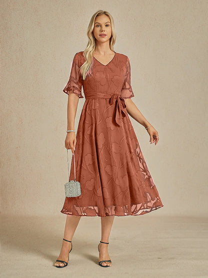 Ruffle Flutter Lace Midi Dress with Pockets