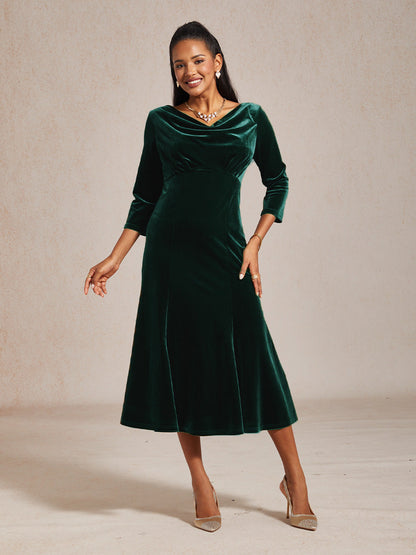High-Stretch Velvet Sleeveless Midi Dress with Cowl Neck