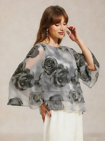 Lace Chiffon Layered Blouse with Floral Print