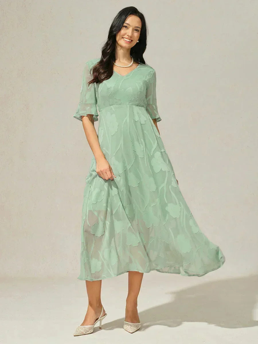 Lace Midi Dress Semi Sheer Floral Formal Navy Blue Black Green V Neck Short Flare Sleeve Wedding Guest Cocktail Party Over 50, Sage Green / M Lace Midi Dress Semi Sheer Floral Formal Navy Blue Black Green V Neck Short Flare Sleeve Wedding Guest Cocktail Party Over 50, Sage Green / M