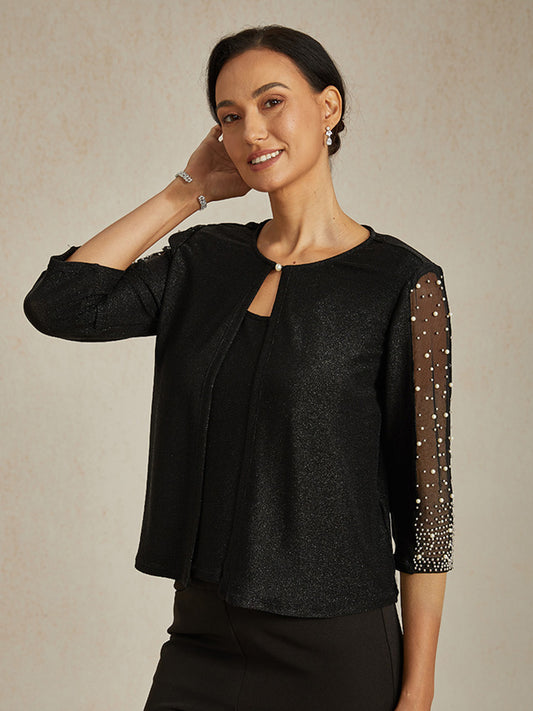 Beaded 3/4 Sleeve Metallic Knit Blouse