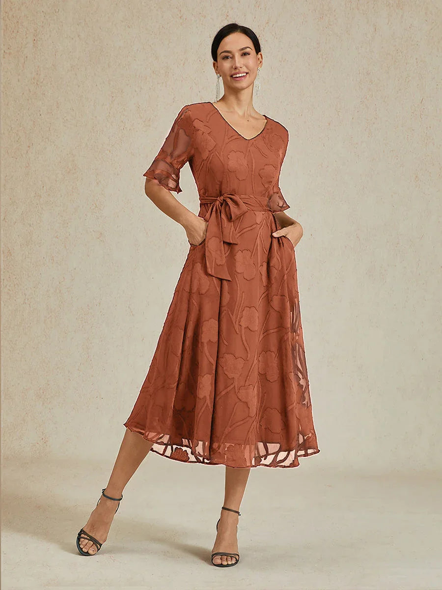 Robe Midi en Dentelle à Volants avec Poches