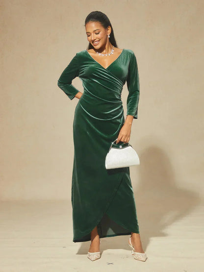 Long Stretch Velvet Evening Dress with 3/4 Sleeves