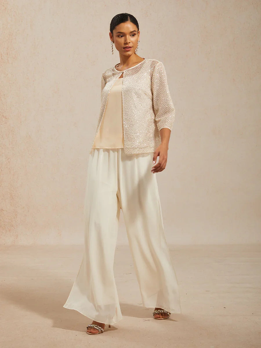 Twinset aus Pailletten-Mesh mit Rundhals und 3/4-Ärmeln
