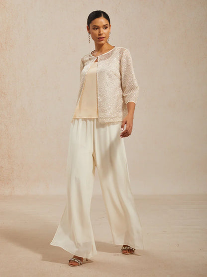 Twinset aus Pailletten-Mesh mit Rundhals und 3/4-Ärmeln