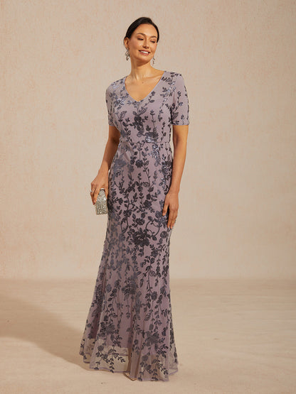 Floral Sequin Stretch Mesh Short Sleeve Dress