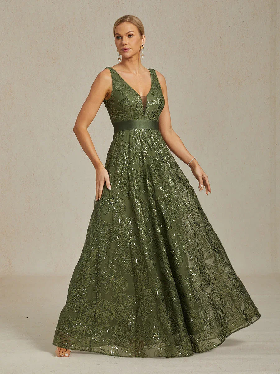 Floral Sequin Embroidered V-Neck Maxi Dress with Low Back