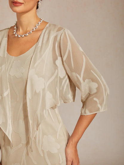Boléro en Chiffon Transparent à Motif Floral, Manches 3/4
