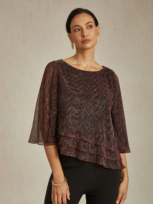 Metallic Pleated Chiffon Asymmetrical Layered Blouse