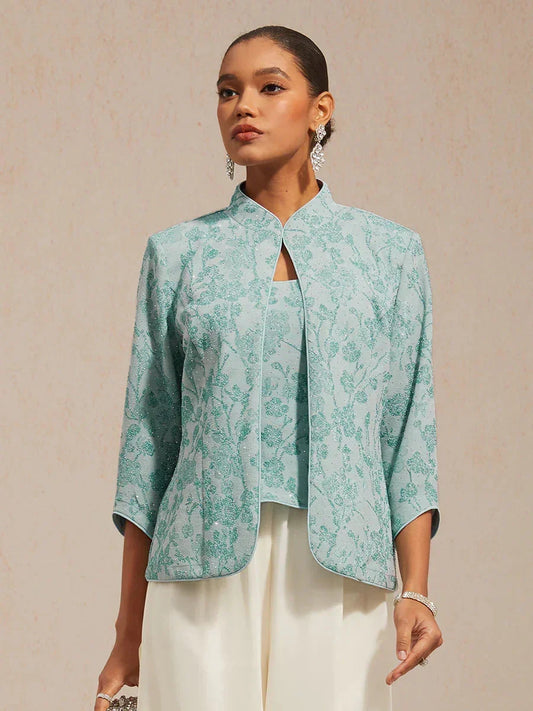 Floral Knit Jacquard Mandarin Collar Twinset