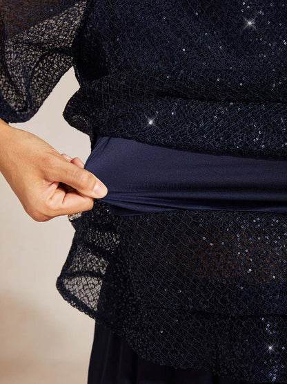 Haut Superposé en Mesh à Manches Cloche et Sequins