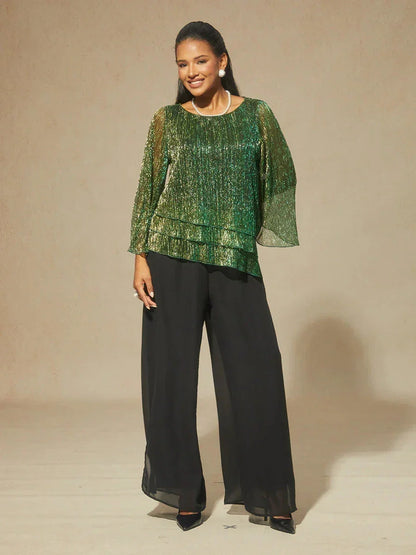 Metallic Pleated Chiffon Asymmetrical Layered Blouse