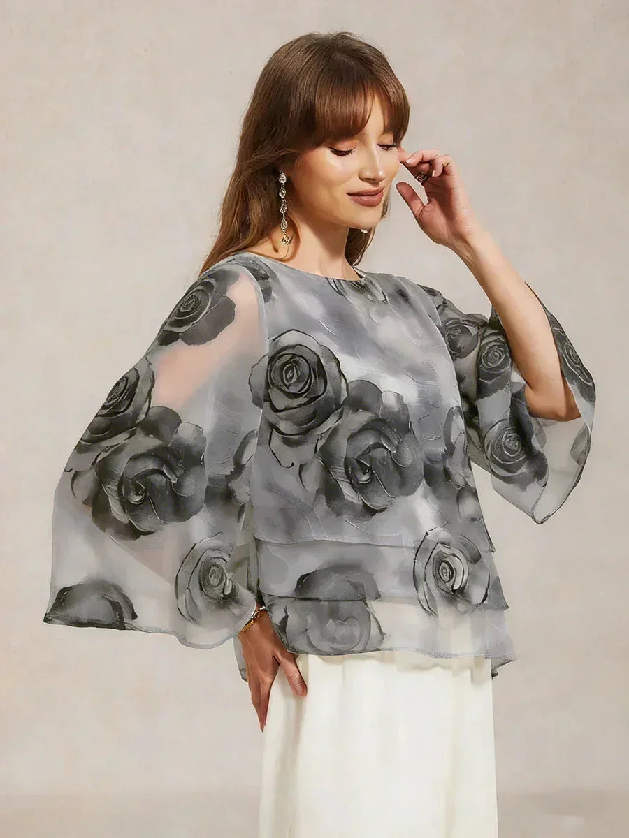 Lace Chiffon Layered Blouse with Floral Print