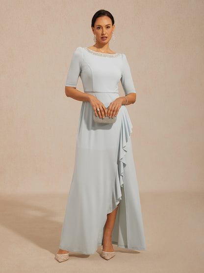 Boat Neck Ruffle A-Line Maxi Dress with Rhinestone Neck Detail
