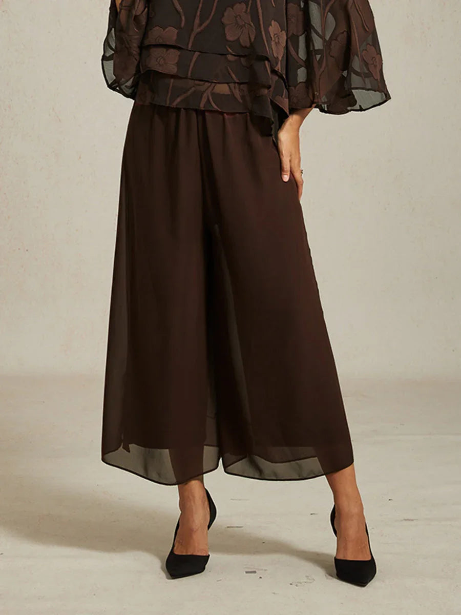 Cropped Length Straight Leg Pant With Chiffon Split Leg Overlay