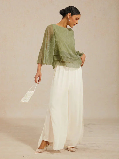 Metallic Pleated Chiffon Asymmetrical Layered Blouse