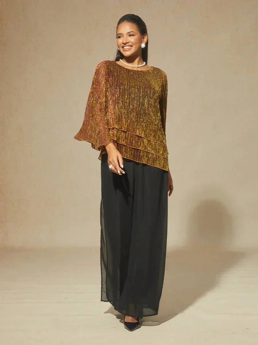 Metallic Pleated Chiffon Asymmetrical Layered Blouse
