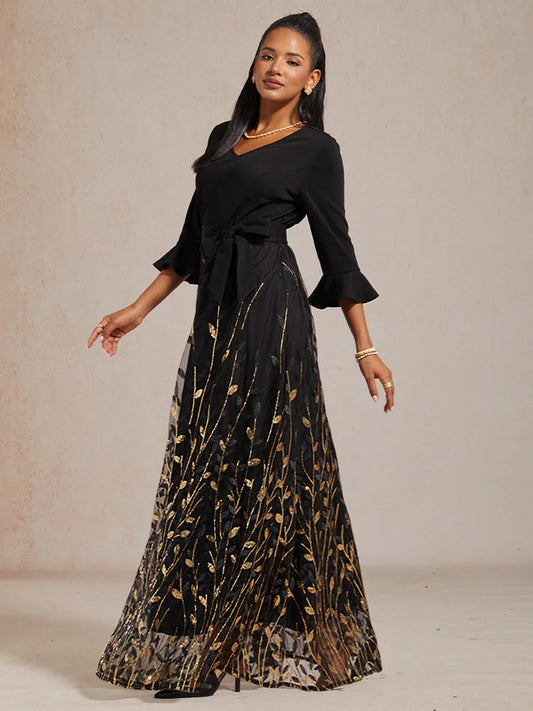 High-Waist A-Line Dress with Sequin Embroidery