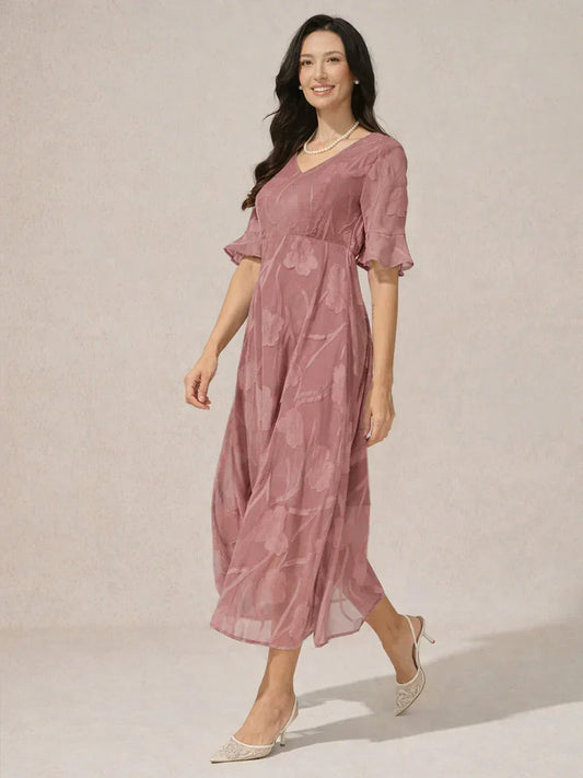 Kanten Maxi-jurk met Ruches en Fladdermouwen