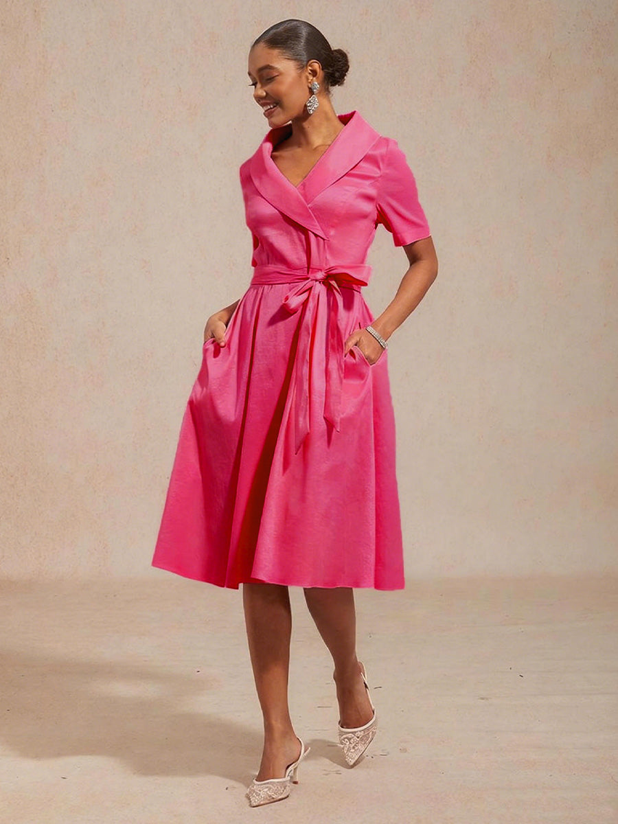 Robe en Taffetas Extensible à Col avec Ceinture Nouée à la Taille