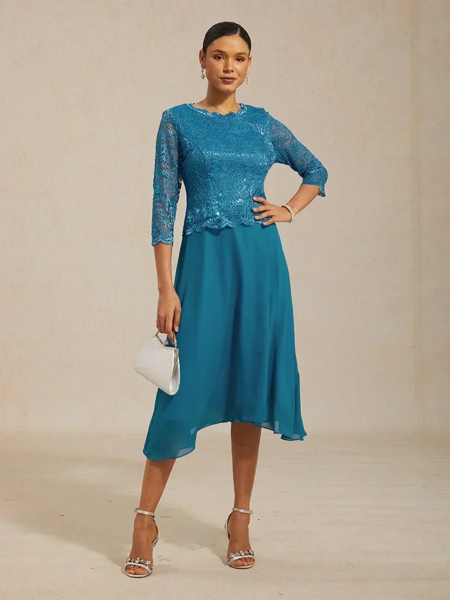 Mother Of The Groom Dress Lace Sequin Tea Length Navy Blue Semi Formal Chiffon 3 4 Sleeve A Line Wedding Guest Over 50, Peakcock Blue / S Mother Of The Groom Dress Lace Sequin Tea Length Navy Blue Semi Formal Chiffon 3 4 Sleeve A Line Wedding Guest Over 50, Peakcock Blue / S