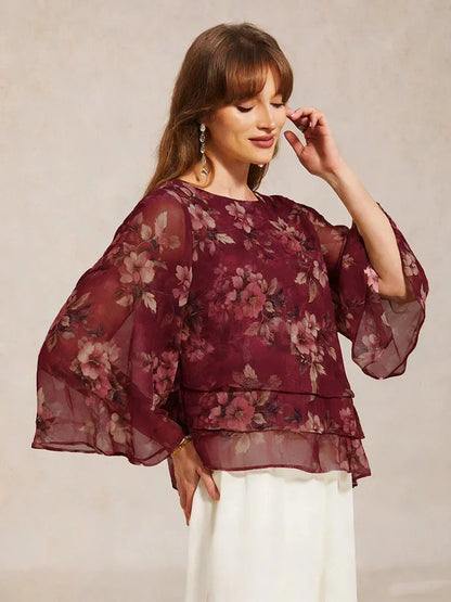 Lace Chiffon Layered Blouse with Floral Print