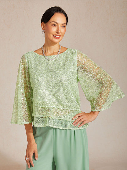 Haut Superposé en Mesh à Manches Cloche et Sequins
