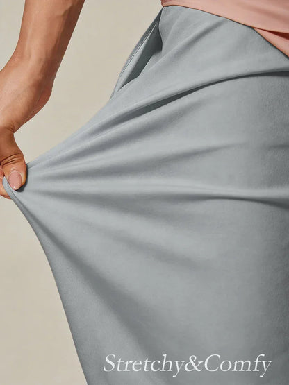 Cropped Length Straight Leg Pant With Chiffon Split Leg Overlay