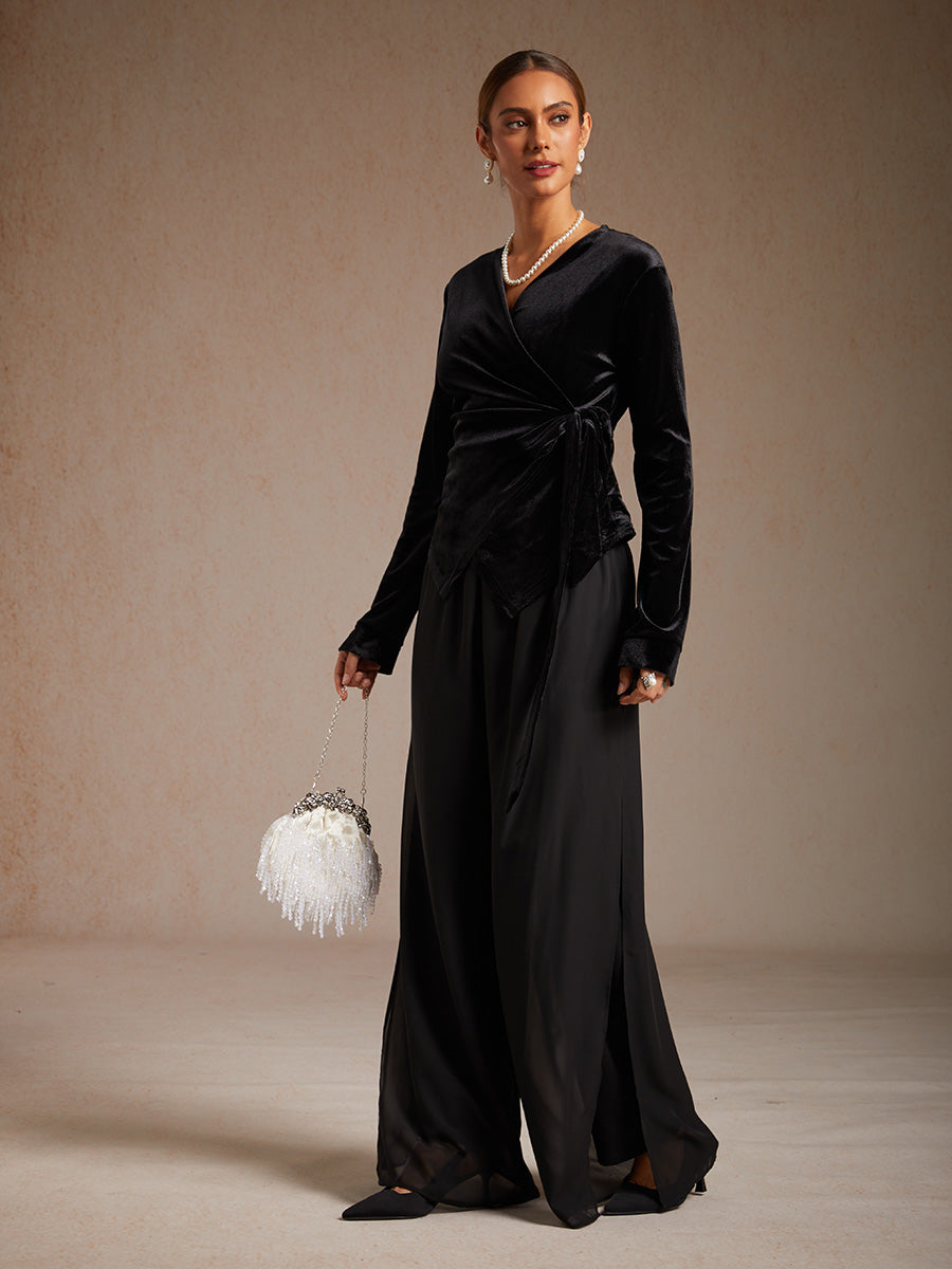 Velvet Wrap Blouse with V-Neckline