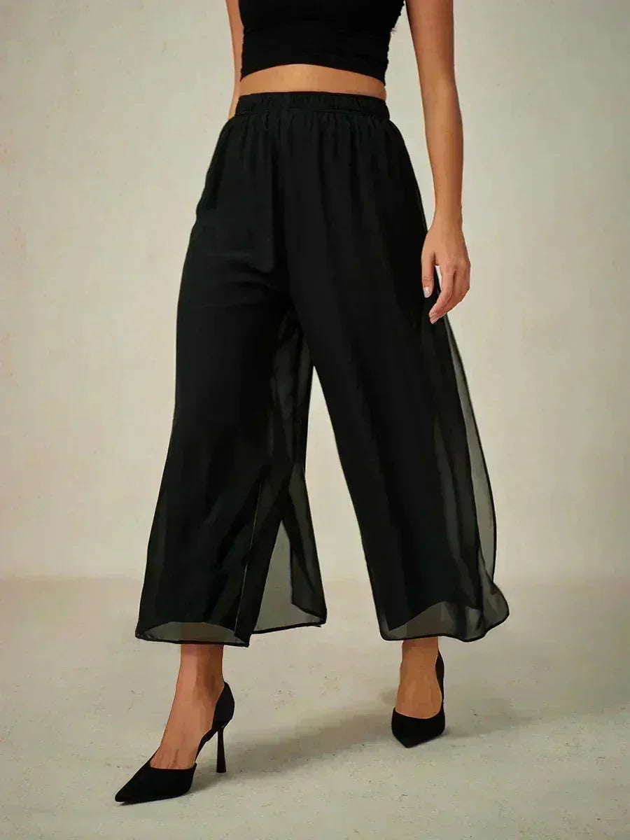 Cropped Length Straight Leg Pant With Chiffon Split Leg Overlay