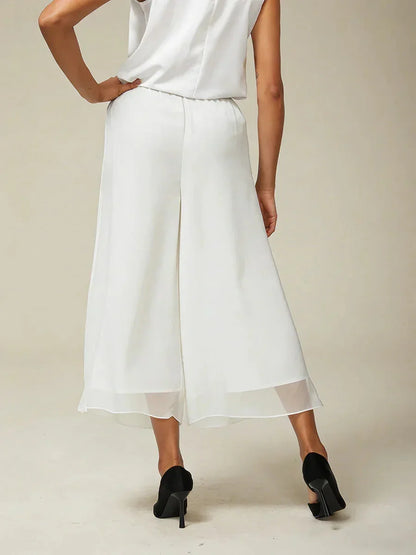 Cropped Length Straight Leg Pant With Chiffon Split Leg Overlay