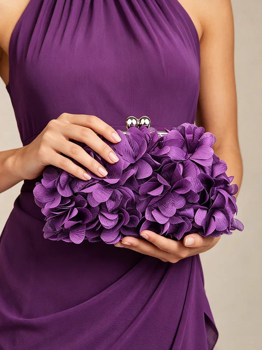 Bolso de mano de satén floral para la noche con cadena de piedras de imitación