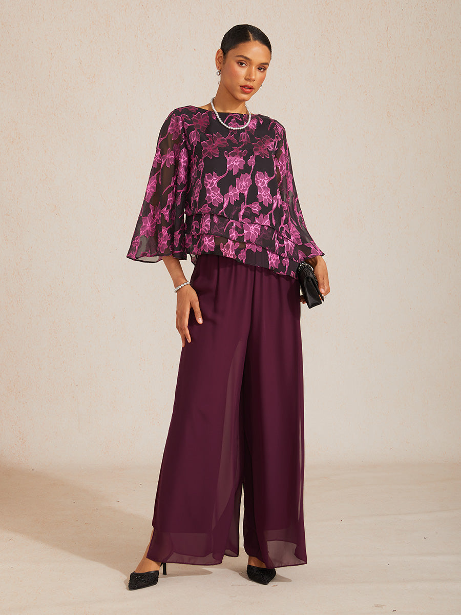 Pantaloni a gamba dritta con sovrapposizione in chiffon e spacco laterale