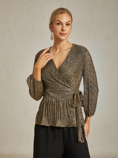 Metallic Pleated Chiffon Evening Wrap Top
