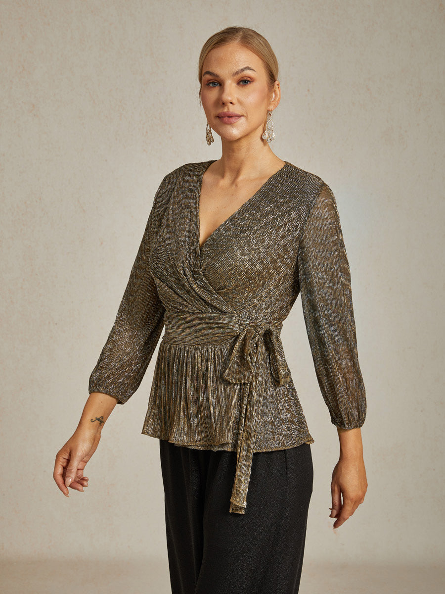 Metallic Pleated Chiffon Evening Wrap Top